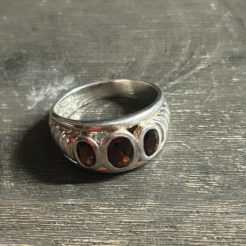 Sterling Silver Three-Stone Ring, Featuring Oval-… - image 1